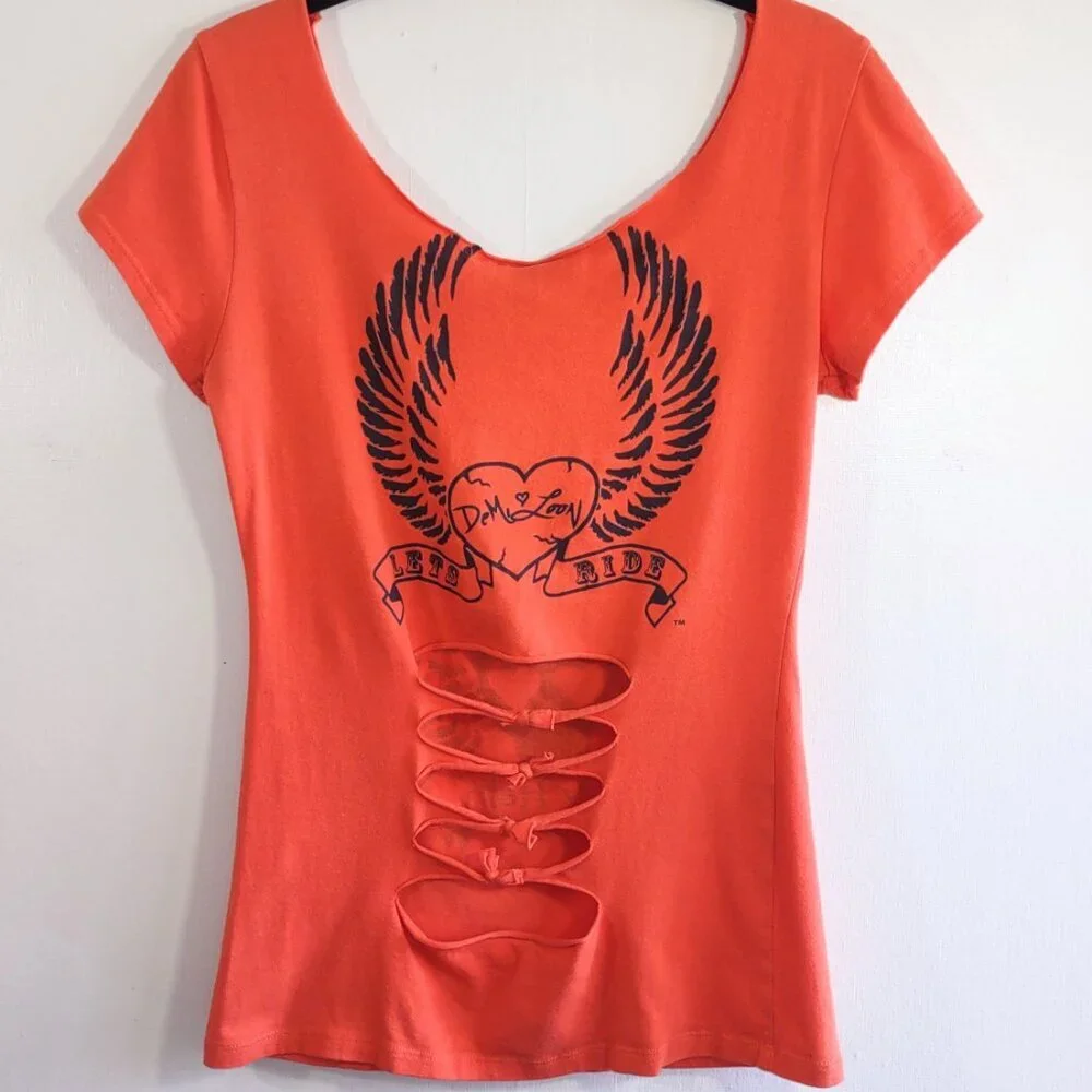 DeMi Loon Biker 'Holy Hell Bombshell Skull Women's T-Shirt Cut-Out  Medium - Picture 2 of 6